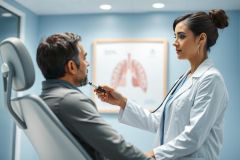 Doctor examining patient in a modern clinic. A female healthcare professional in a white coat uses a stethoscope during a consultation. Blue walls and a lung anatomy poster create a medical environment. Focus on health checkup, patient care, and medical examination.