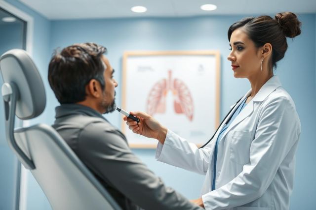 Doctor examining patient in a modern clinic. A female healthcare professional in a white coat uses a stethoscope during a consultation. Blue walls and a lung anatomy poster create a medical environment. Focus on health checkup, patient care, and medical examination.