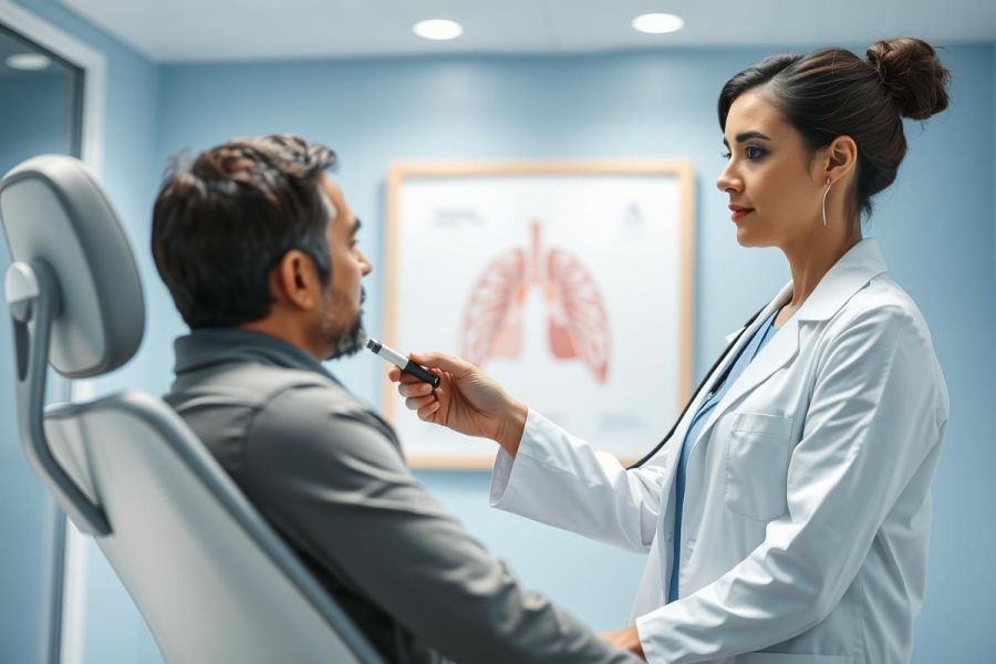 Doctor examining patient in a modern clinic. A female healthcare professional in a white coat uses a stethoscope during a consultation. Blue walls and a lung anatomy poster create a medical environment. Focus on health checkup, patient care, and medical examination.