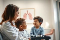 A friendly doctor in a white coat interacts with two smiling young boys in a bright, modern doctor's office. A diagram of lungs hangs on the wall. The scene conveys a positive and reassuring healthcare visit for children.