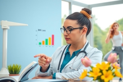 This image depicts a medical professional, likely a doctor or nurse, seated at a desk in an office setting. The individual is wearing glasses and has a concerned facial expression as they point to a graph on a presentation board or wall. On the desk, there are medical books, papers, and a computer screen displaying data graphs. In the background, there is another person dressed casually, possibly running in place. The overall scene suggests a workplace environment where healthcare professionals might discuss patient care or conduct research.