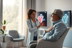 Doctor consults with elderly patient in a bright, modern clinic. Heart scan images displayed. Healthcare, cardiology, and wellness themes. Warm tones and natural light create a comforting atmosphere.