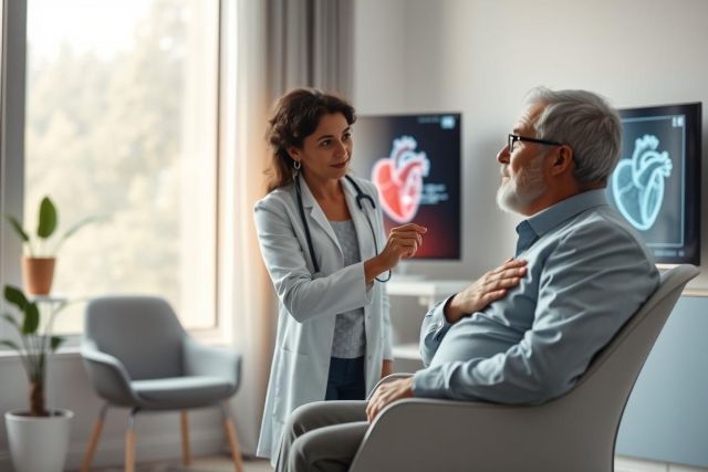 Doctor consults with elderly patient in a bright, modern clinic. Heart scan images displayed. Healthcare, cardiology, and wellness themes. Warm tones and natural light create a comforting atmosphere.
