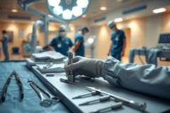 Surgical instruments laid out on a tray in an operating room. Medical professionals in scrubs and masks are visible in the background. Focus on precision and sterile environment.