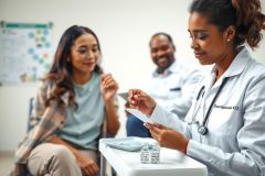 Doctor examining a patient in a clinic setting. Focus on healthcare, consultation, and medical professional. The image features a doctor, a patient, and a white coat with a stethoscope.