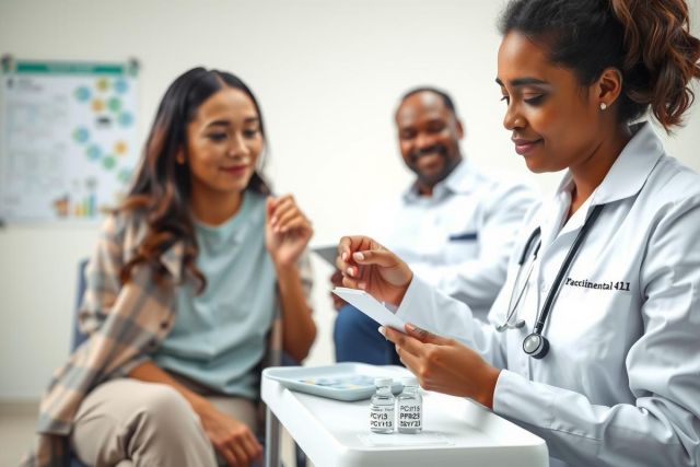 Doctor examining a patient in a clinic setting. Focus on healthcare, consultation, and medical professional. The image features a doctor, a patient, and a white coat with a stethoscope.