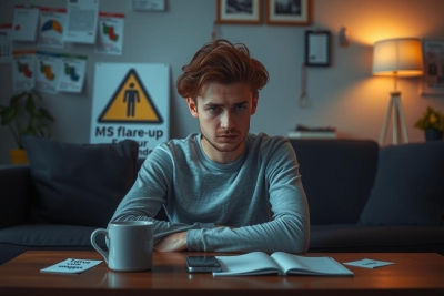 A young man sitting at a table in a dimly lit room, surrounded by various items like books, papers, and a coffee mug. He appears to be deep in thought or possibly studying.