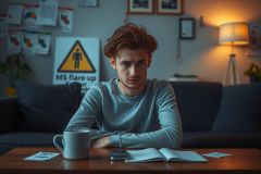 A young man sitting at a table in a dimly lit room, surrounded by various items like books, papers, and a coffee mug. He appears to be deep in thought or possibly studying.