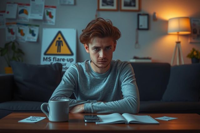 A young man sitting at a table in a dimly lit room, surrounded by various items like books, papers, and a coffee mug. He appears to be deep in thought or possibly studying.