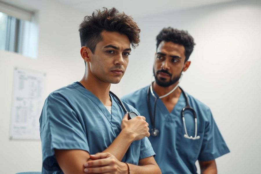 Two young doctors in blue scrubs and stethoscopes stand in a modern hospital hallway. The image features healthcare professionals, medical setting, and a professional, serious mood. Focus on patient care and medical teamwork.