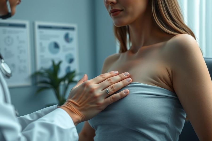 Doctor examining a woman's breast during a medical checkup in a clinical setting. The image depicts healthcare, preventative care, and a wellness examination with a focus on breast health. Cool blue tones and a professional atmosphere are present.