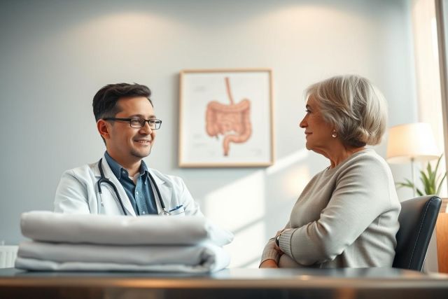 Doctor consults with a senior patient in a bright, modern medical office. The scene features a male physician in a white coat discussing health concerns with an elderly woman. An anatomical illustration of the digestive system hangs on the wall. Focus on healthcare, patient care, and medical consultation.