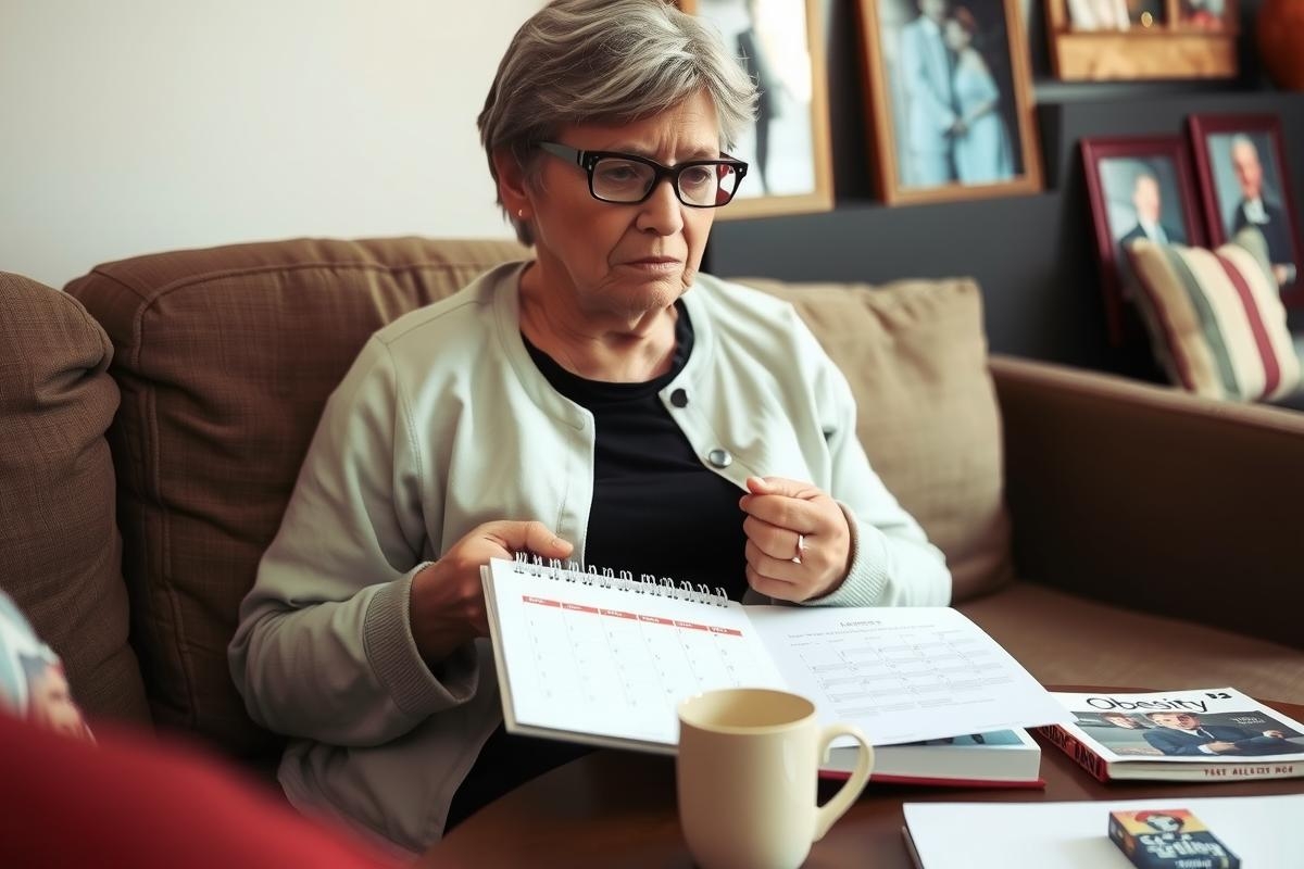 The image features an older woman seated in a comfortable living room setting. She is wearing glasses and a beige top, with her attention focused on reading or writing in a notebook.