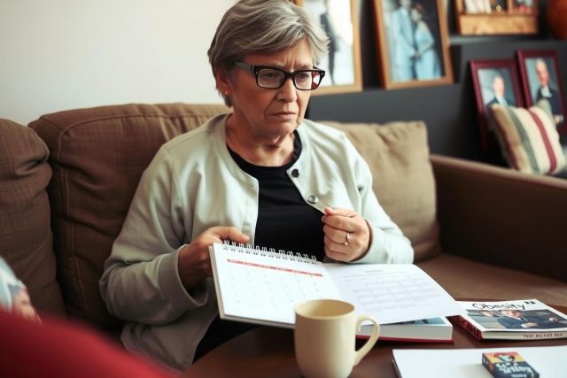 The image features an older woman seated in a comfortable living room setting. She is wearing glasses and a beige top, with her attention focused on reading or writing in a notebook. 