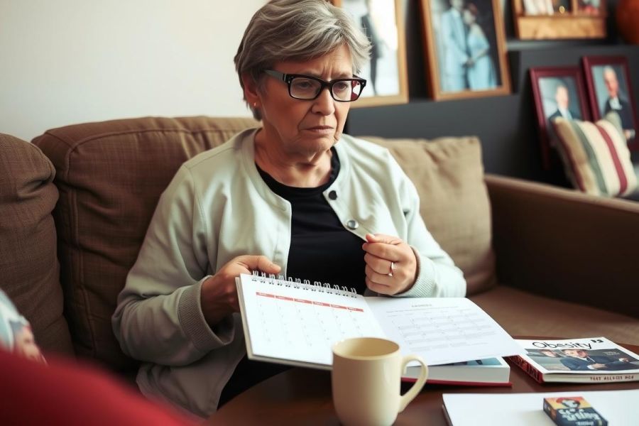 The image features an older woman seated in a comfortable living room setting. She is wearing glasses and a beige top, with her attention focused on reading or writing in a notebook. 