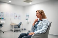Thoughtful female doctor in a modern clinic examining a stethoscope. The image shows a healthcare professional in a bright, white examination room with medical charts visible. Represents medicine, healthcare, and patient care.