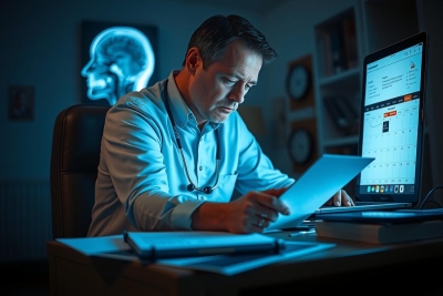 This is a photograph of a professional medical setting. A doctor is seated at a desk with a computer monitor, papers, and a patient's head anatomy chart visible in the background.