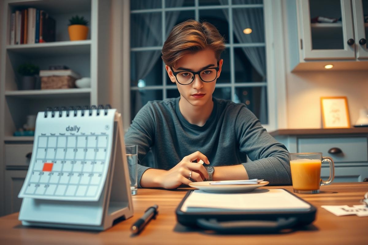 The image shows a young man sitting at a desk in what appears to be an office or home study area. He is wearing glasses and looking downwards, possibly reading or writing on papers scattered across the desk.