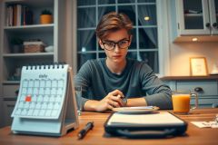 The image shows a young man sitting at a desk in what appears to be an office or home study area. He is wearing glasses and looking downwards, possibly reading or writing on papers scattered across the desk.