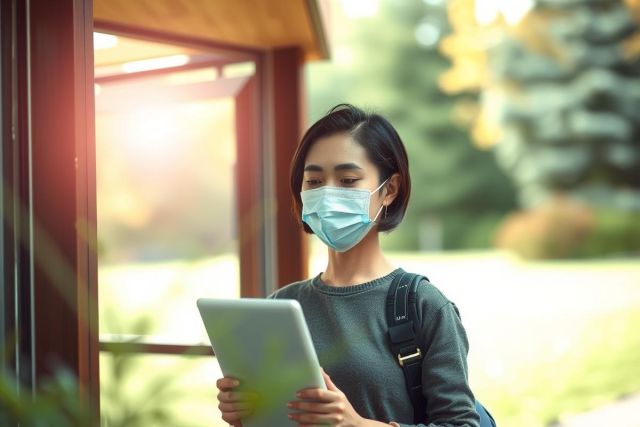 The image shows a woman wearing a face mask while reading from a digital tablet outside. She is standing in front of a wooden structure with sunlight filtering through, suggesting it might be early morning or late afternoon. The environment appears to be a park or a recreational area due to the presence of trees and natural lighting. Her attire is casual, and she seems focused on her reading, possibly checking for updates or information related to health or safety protocols given the use of the mask.