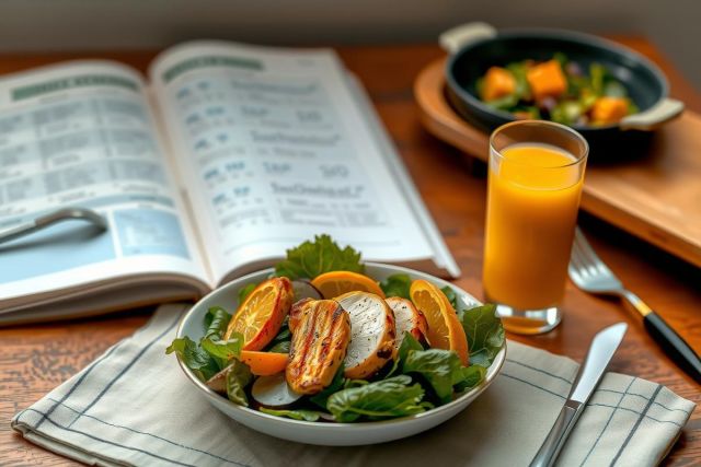 The image depicts a healthy meal setup on a table. There is a bowl of salad with greens, slices of oranges, and possibly chicken pieces. To the right, there's a glass filled with orange juice. In the background, there's an open book that appears to be a cookbook. 