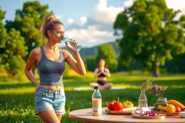 The image shows a woman sitting at an outdoor table with various food items and beverages. She is enjoying a healthy meal while holding a bottle of water. The scene appears to be set in a sunny day, possibly during breakfast or brunch time, given the variety of fresh fruits and vegetables present.
