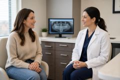 Dentist consults smiling patient in exam room with dental X-ray visible on monitor.