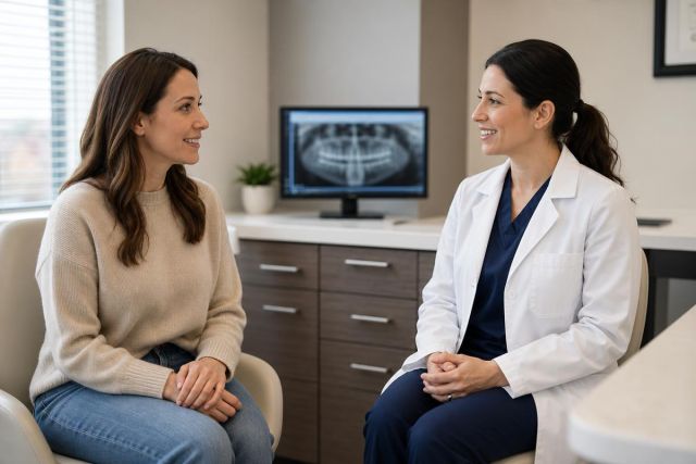 Dentist consults smiling patient in exam room with dental X-ray visible on monitor.