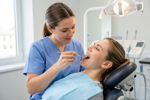 Young patient with traditional metal braces having an orthodontic clinician examine their teeth in a clinic.