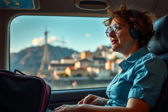 The image features a person sitting in the passenger seat of a vehicle, looking out of the window towards a cityscape with recognizable landmarks such as the Eiffel Tower.