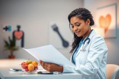 A female doctor in a white coat and stethoscope reviews patient records in a bright, modern office. The scene includes a bowl of fruit and medical artwork, suggesting a focus on health and wellness. The image conveys a professional and caring medical environment.