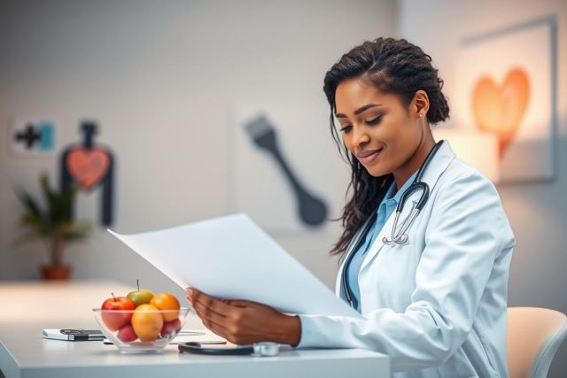 A female doctor in a white coat and stethoscope reviews patient records in a bright, modern office. The scene includes a bowl of fruit and medical artwork, suggesting a focus on health and wellness. The image conveys a professional and caring medical environment.