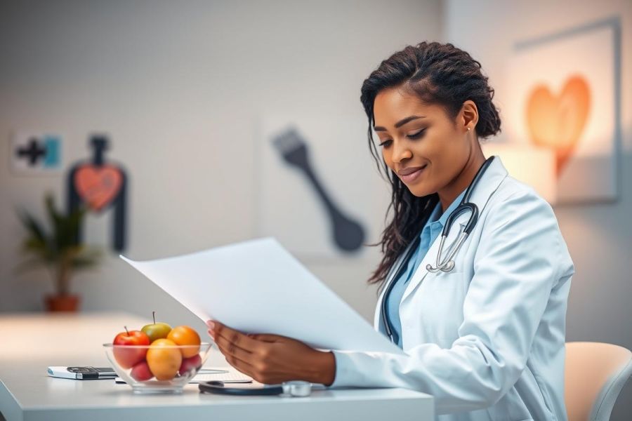 A female doctor in a white coat and stethoscope reviews patient records in a bright, modern office. The scene includes a bowl of fruit and medical artwork, suggesting a focus on health and wellness. The image conveys a professional and caring medical environment.