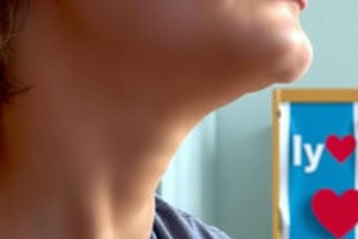 The image is a close-up of someone's neck and shoulders against a blurred background. The person appears to be looking at something off-camera, as indicated by the angle of their head and neck. There is a slight smile on the face, suggesting a positive or contemplative mood.