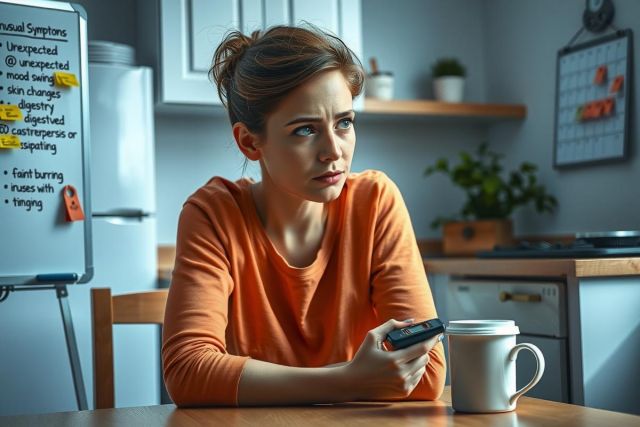 In the photo, a woman is seen sitting at the kitchen table. She's wearing an orange sweater and appears to be focused on something else off to the side. The kitchen arrangement includes various everyday items like cups, plants, and a refrigerator.