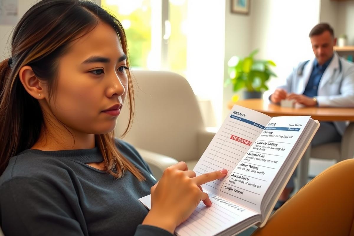 The image features a young woman sitting on a couch. She is looking at a piece of paper, possibly reading or writing. The environment suggests an indoor setting, perhaps a home or office space. Her posture and expression appear focused and slightly concerned.