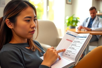The image features a young woman sitting on a couch. She is looking at a piece of paper, possibly reading or writing. The environment suggests an indoor setting, perhaps a home or office space. Her posture and expression appear focused and slightly concerned.