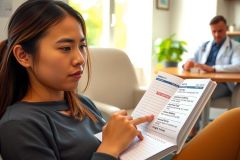 The image features a young woman sitting on a couch. She is looking at a piece of paper, possibly reading or writing. The environment suggests an indoor setting, perhaps a home or office space. Her posture and expression appear focused and slightly concerned.