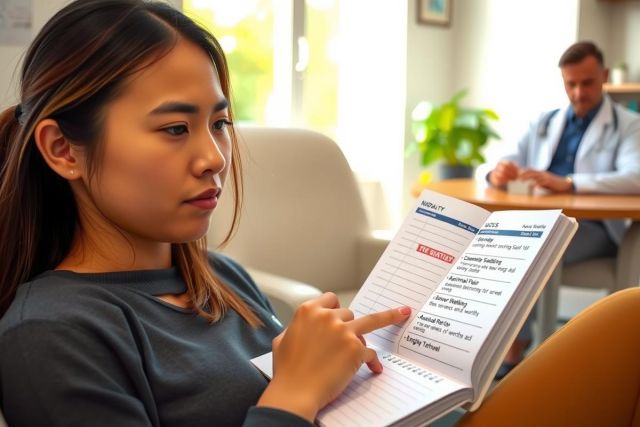 The image features a young woman sitting on a couch. She is looking at a piece of paper, possibly reading or writing. The environment suggests an indoor setting, perhaps a home or office space. Her posture and expression appear focused and slightly concerned.