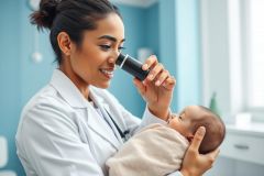 A smiling female doctor in a white coat examines a baby's eyes with an otoscope in a bright, blue-toned medical office. Healthcare, pediatric care, and infant examination are key themes. The scene conveys a reassuring and professional medical checkup.
