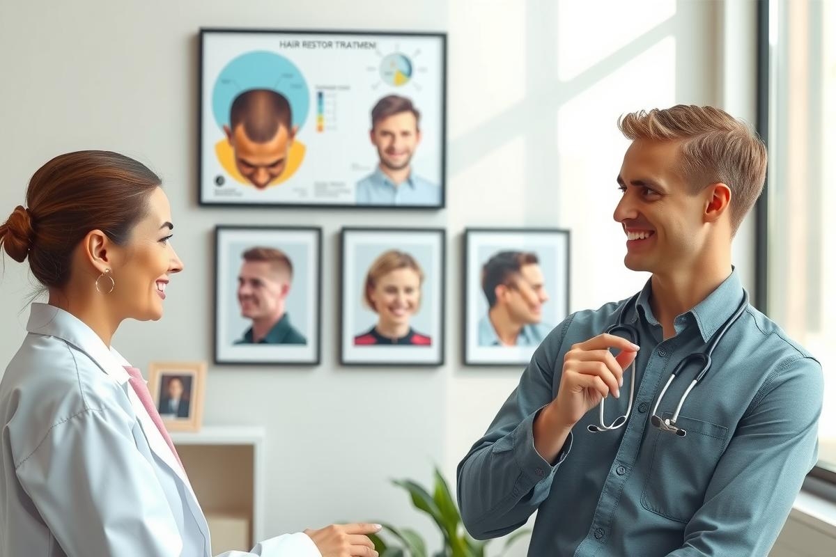 The image shows a professional setting where three individuals are engaged in conversation. There is a man and a woman standing, smiling at each other, while another man sits on the left side of the frame with his hands clasped together. The environment suggests an office or clinic with modern decor and ambient lighting. 