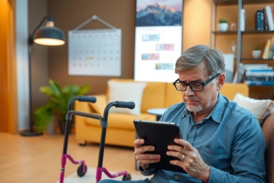 The image depicts an elderly man in a comfortable home environment, sitting on a couch and engaging with a tablet. He is dressed casually and appears to be focused on the screen of the device.