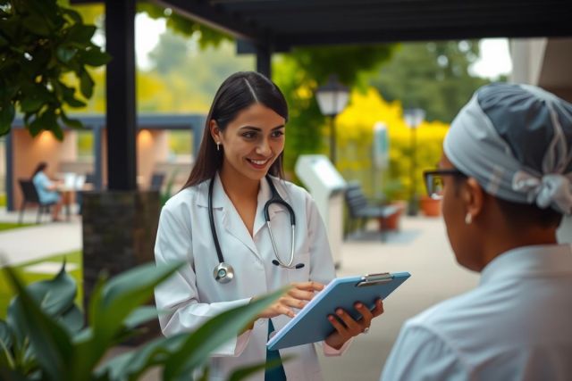 In the image, a young woman in medical scrubs is seen smiling at another person. She appears to be a doctor or healthcare professional as indicated by her stethoscope.
