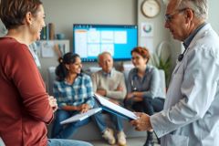 This is a color photograph depicting a medical consultation. In the center of the image, there's an older man who appears to be a doctor or healthcare professional. He holds papers and looks at another person seated across from him.