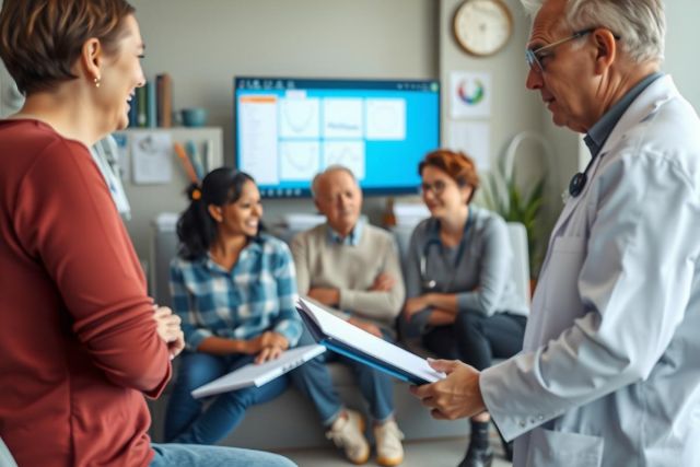This is a color photograph depicting a medical consultation. In the center of the image, there's an older man who appears to be a doctor or healthcare professional. He holds papers and looks at another person seated across from him.