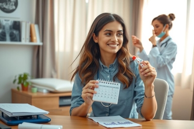 The image shows a woman sitting at her desk. She is smiling and appears to be looking at something in her hand with interest. On the table, there are several medical devices including what looks like an otoscope and possibly some kind of electronic stethoscope or pulse oximeter. The environment suggests a healthcare office setting.