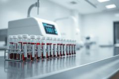 Laboratory setting with rows of blood sample tubes in racks. Red liquid visible within the tubes. Modern, sterile environment with lab equipment in background. Science, healthcare, and medical research theme. White and red color palette.