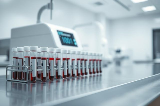 Laboratory setting with rows of blood sample tubes in racks. Red liquid visible within the tubes. Modern, sterile environment with lab equipment in background. Science, healthcare, and medical research theme. White and red color palette.