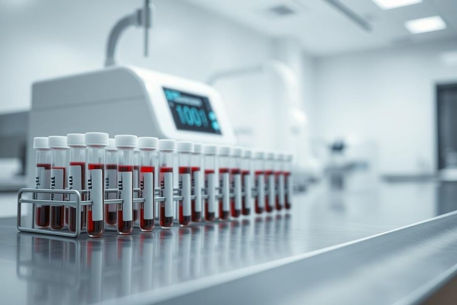 Laboratory setting with rows of blood sample tubes in racks. Red liquid visible within the tubes. Modern, sterile environment with lab equipment in background. Science, healthcare, and medical research theme. White and red color palette.