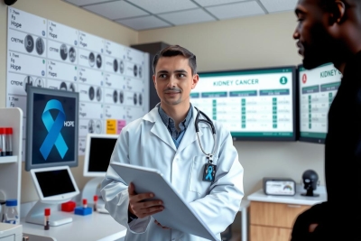 The image shows a medical professional in a modern, well-equipped office. The doctor, who is standing, is wearing a white lab coat and holding paperwork or a report, indicating that they may be discussing patient information with another person seated nearby.